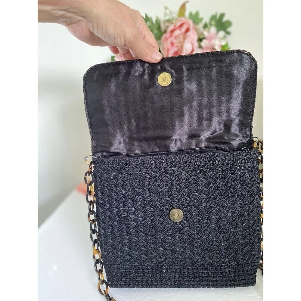 Christian Livingston Black Crochet Bag w Faux Tortoise Chain Strap Cross Body‎